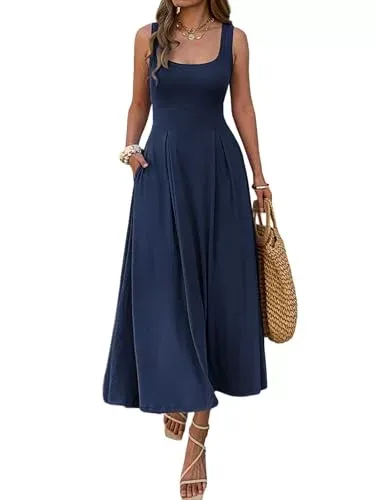 Women’s Summer Sleeveless Empire Maxi Dress Square Neck A-Line Pleated Flowy Elegant Casual Dresses with Pockets