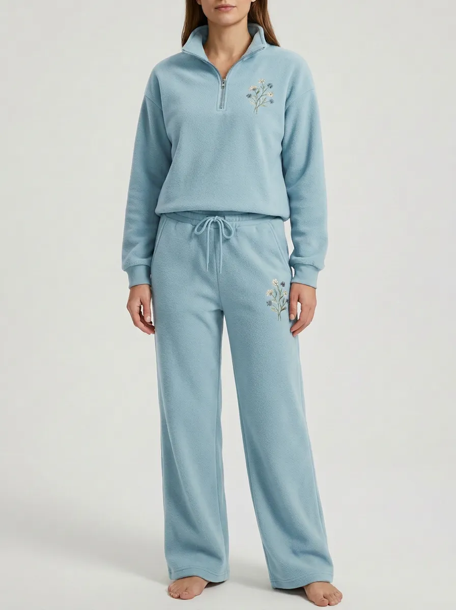 Women's Floral Embroidered Quarter-Zip Pullover And Lounge Trouser Set