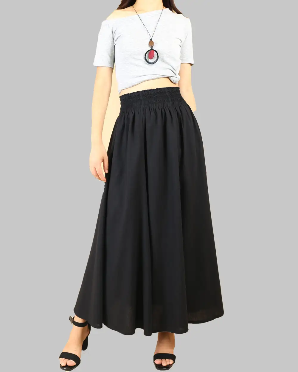 Pocketed Linen Flared Maxi Skirt