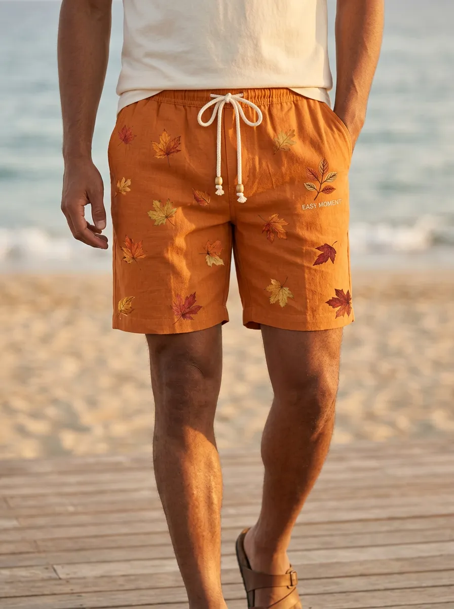 Rust Leaf-print Drawstring Drawstring Shorts