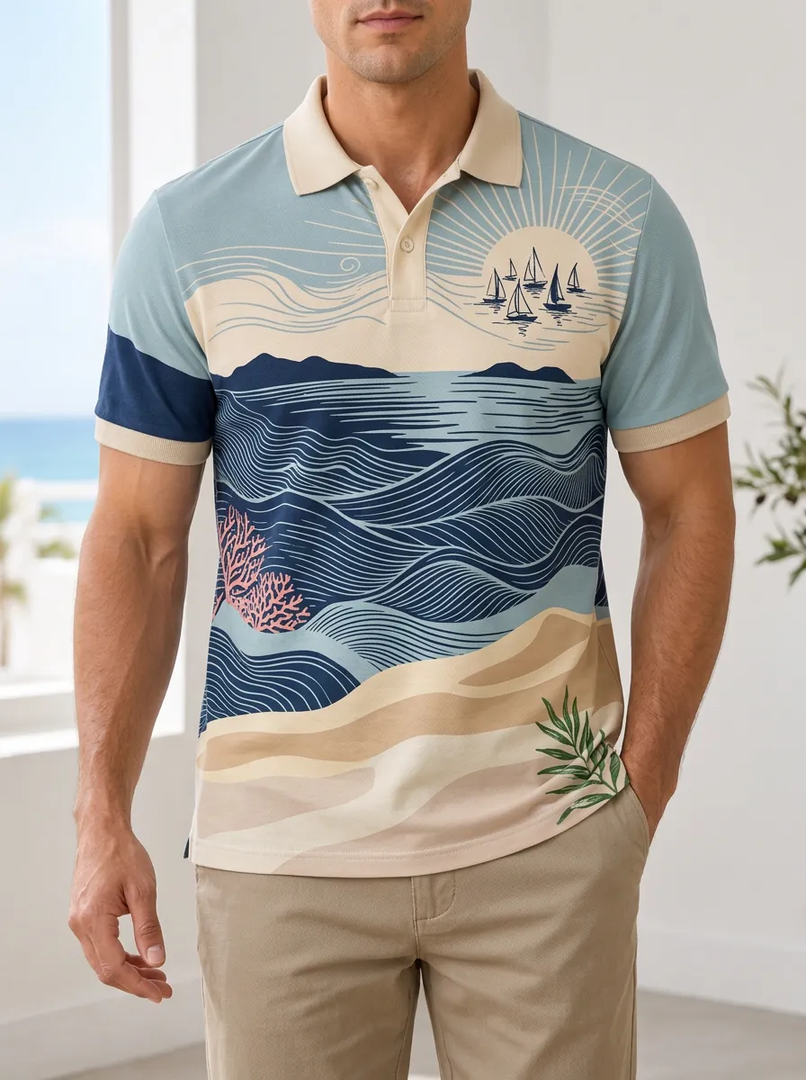 Men's Nautical Beach Sailing Landscape Printed Polo Shirt