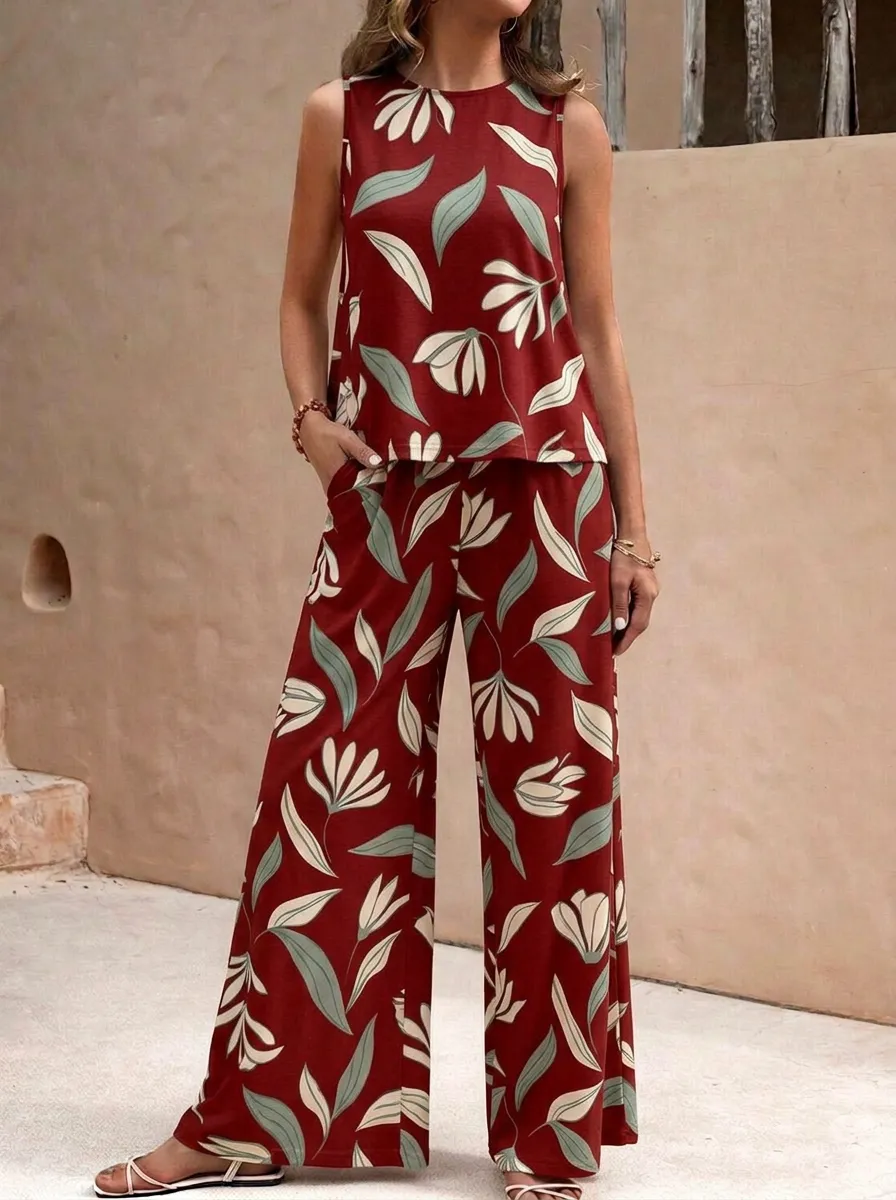 Women's Floral Leaf Print Sleeveless Top And Wide-Leg Trouser Lounge Set