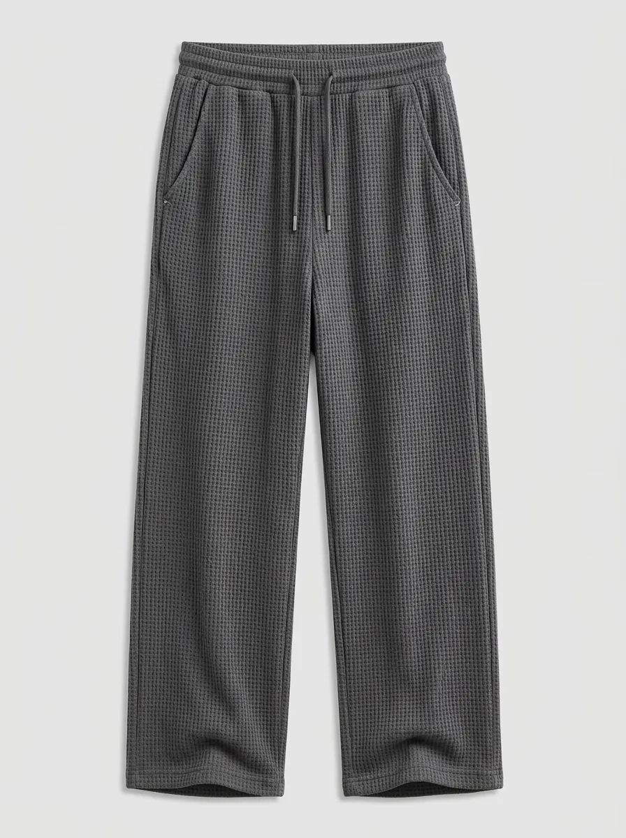 Unisex Casual Charcoal Grey Waffle Knit Drawstring Lounge Pants