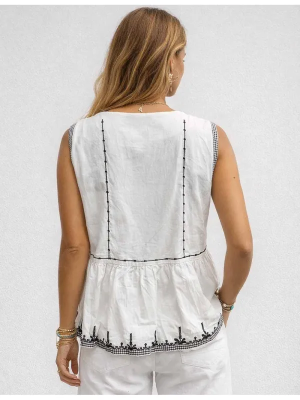 Boho Embroidery Round Neck Button Sleeveless Top
