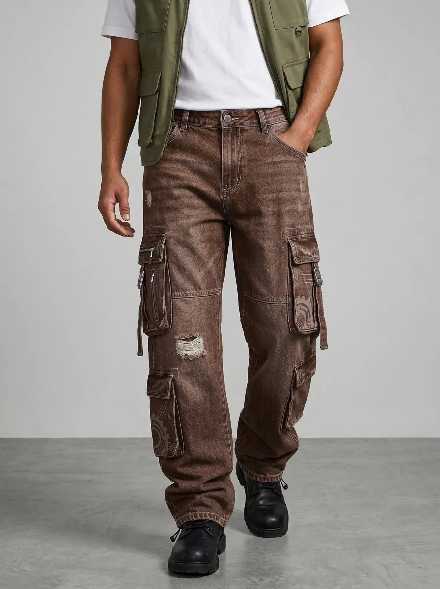 Men's Streetwear Gear Printed Distressed Denim Cargo Jeans