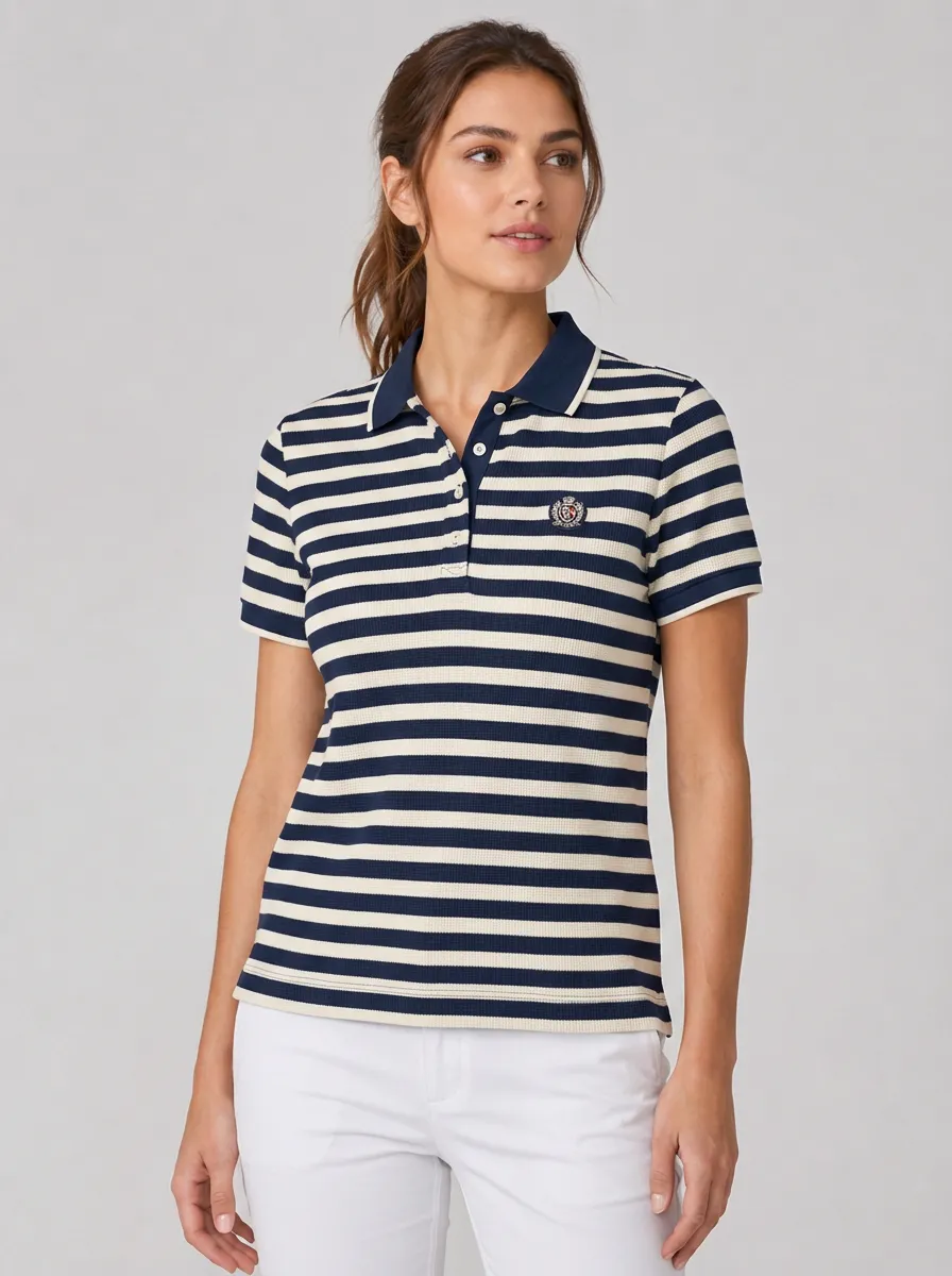 Women's Equestrian Lover Striped Crest Printed and Striped Ribbed Polo Shirt