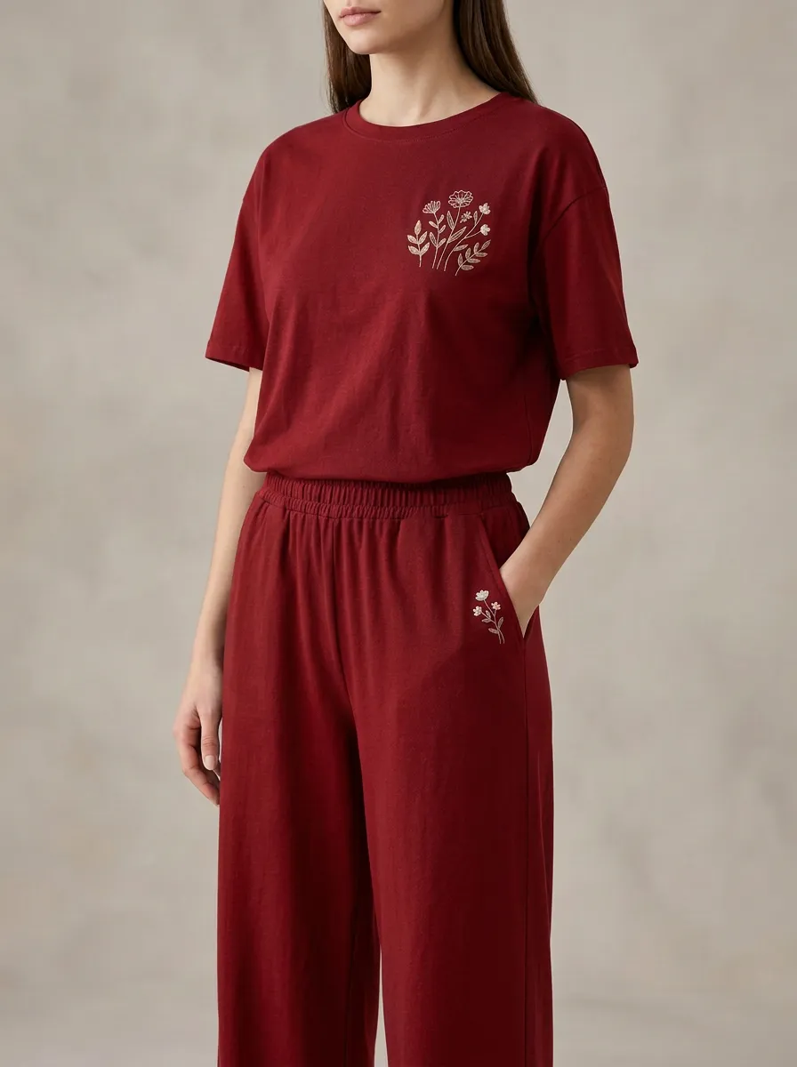 Women's Floral Embroidered Drop-Shoulder Crewneck Top And Wide-Leg Trouser Lounge Set
