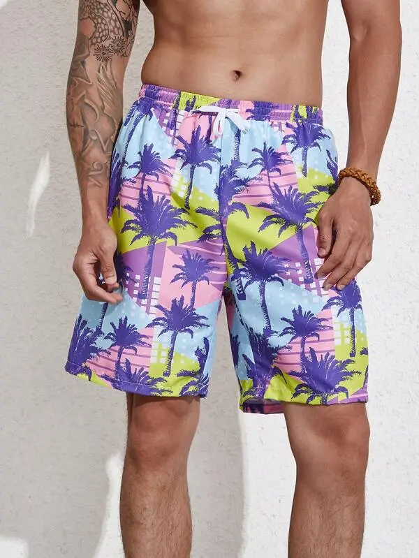 Men's Pocket Coconut Tree Print Swim Trunks