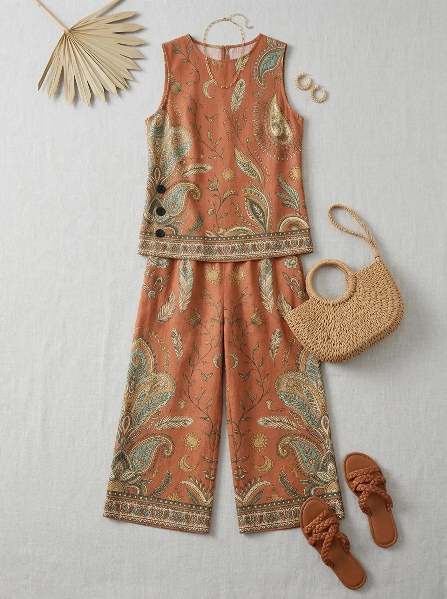 Women's Boho Sun Moon Paisley Printed Sleeveless Set