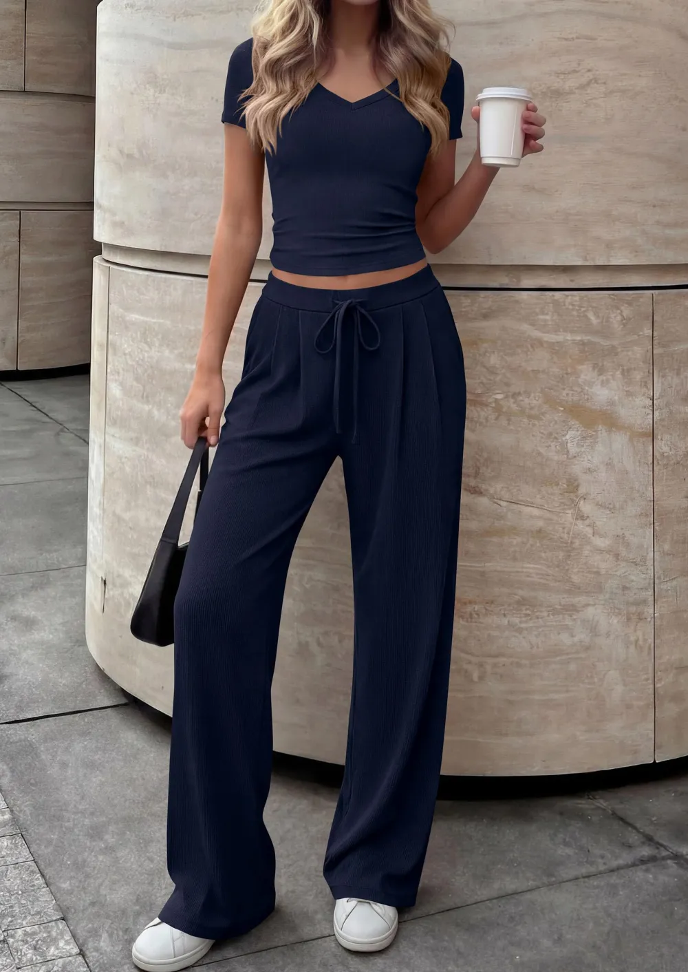 V Neck Tops Wide Leg Pants Set In Navy