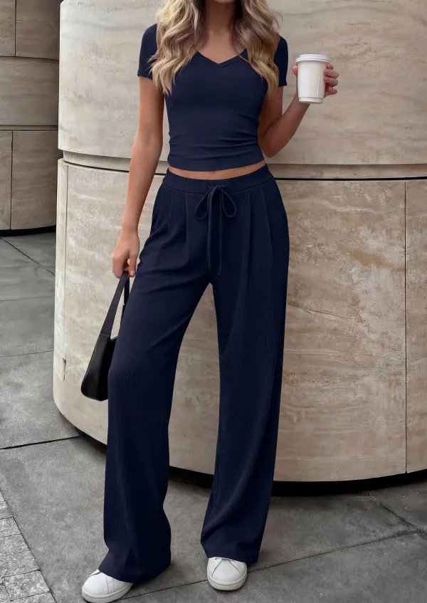 V Neck Tops Wide Leg Pants Set In Navy