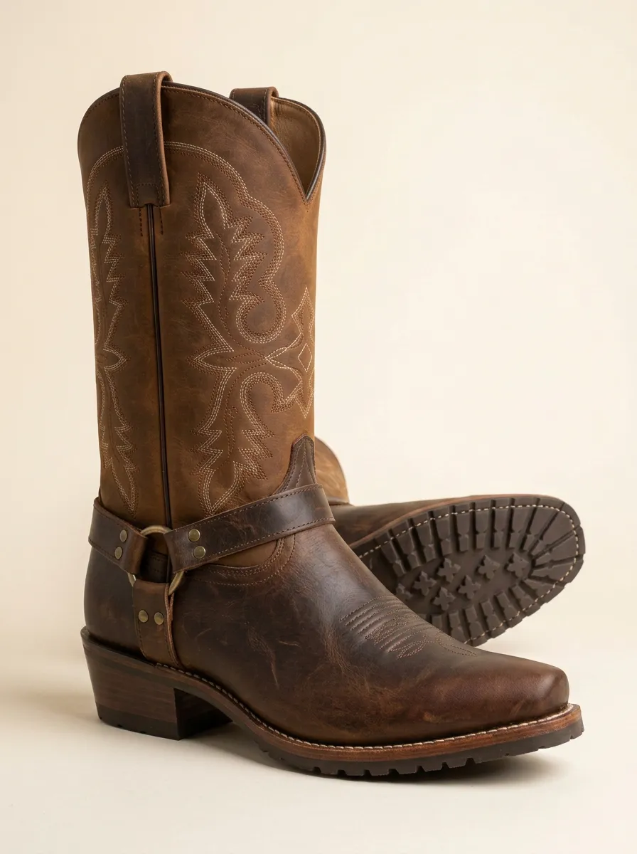 Men's Western Cowboy Brown Leather Embroidered Harness Boots