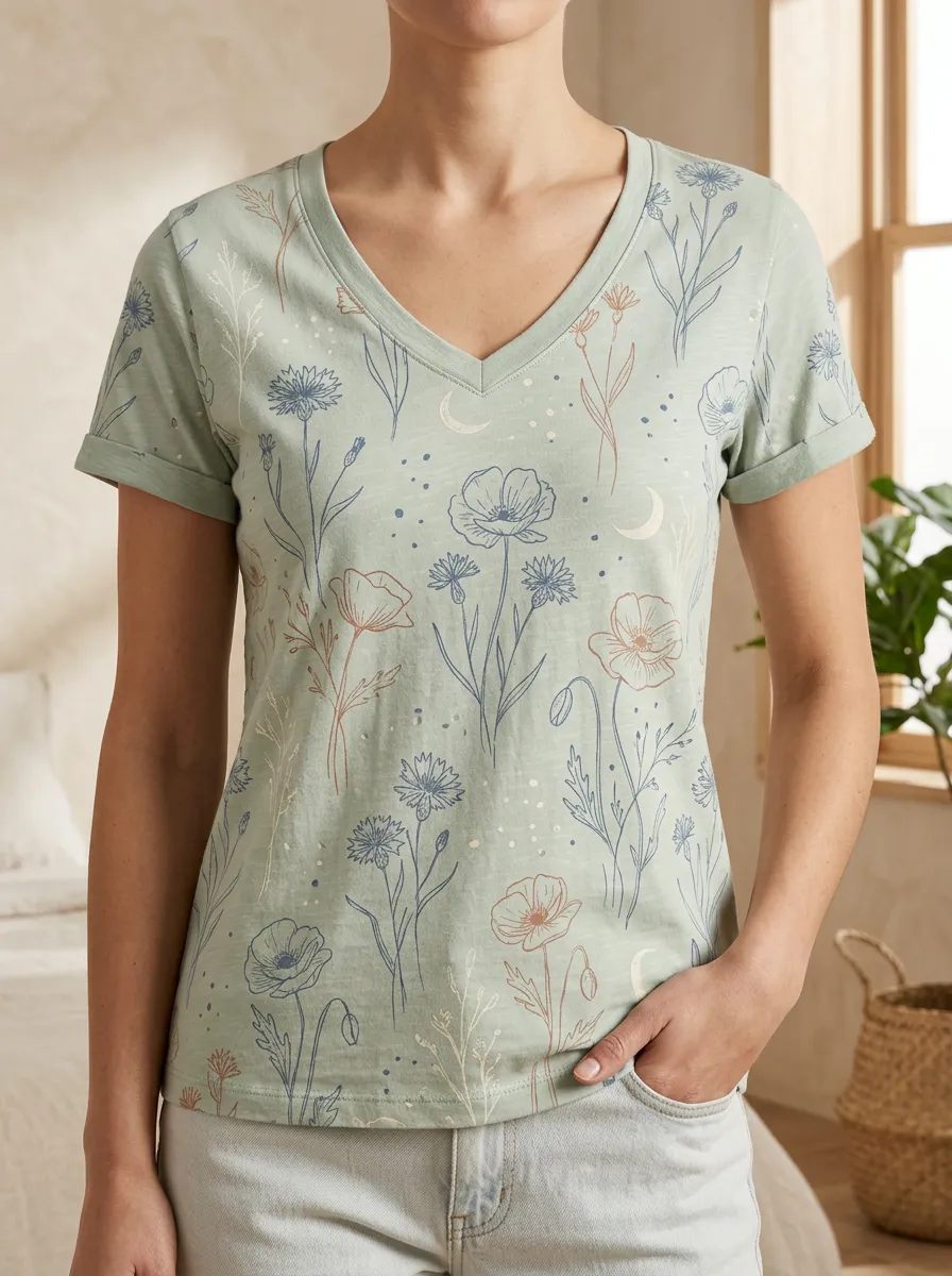 Women's Botanical Moon Floral Printed V-Neck T-Shirt