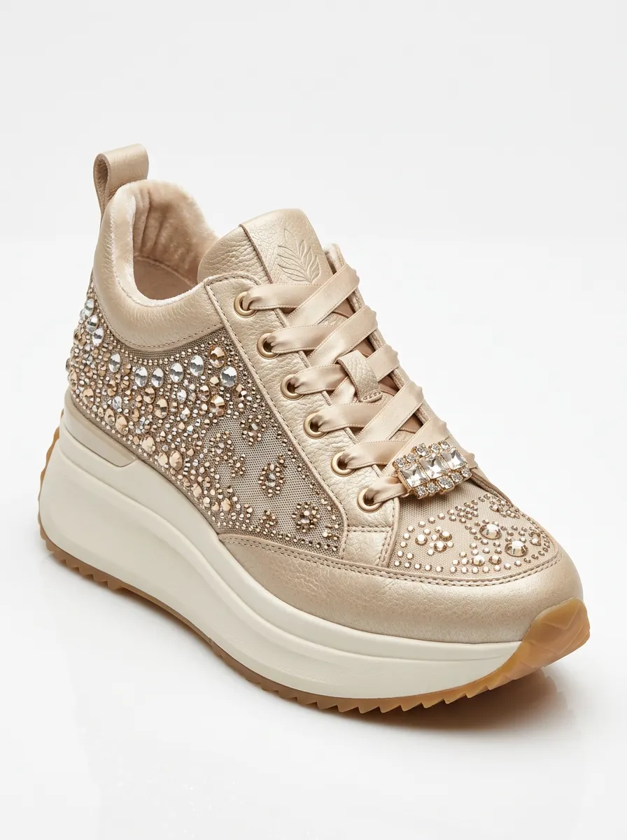 Lace-Detail Buckle-Strap Lace-Up Women's Rhinestone Platform Shoes