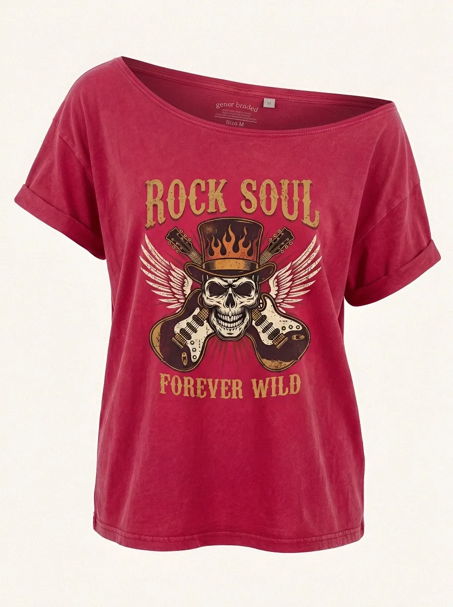 Women's Rock Music Lover Winged Skull Guitar Printed T-shirt