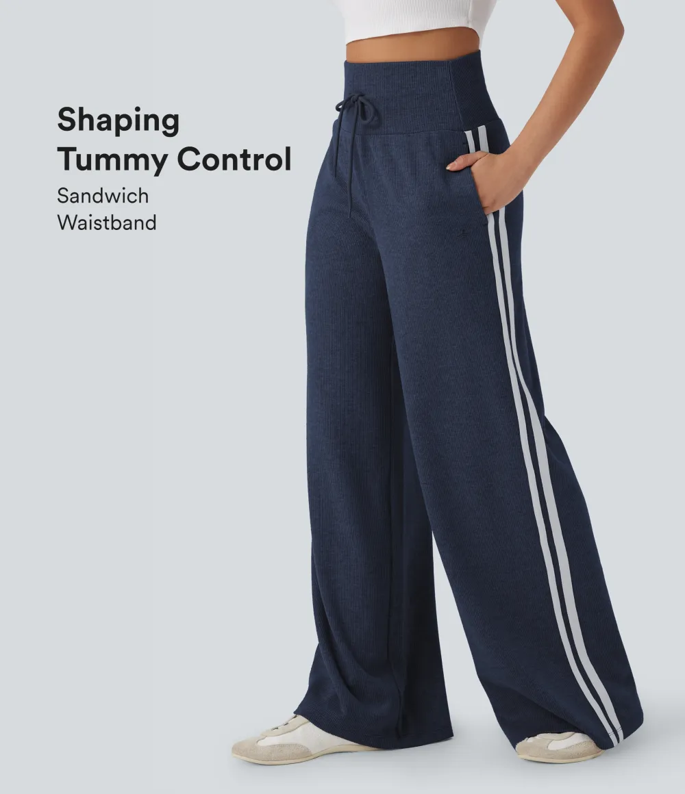 2026🔥  Ribbed SoCinched High Waisted Tummy Control Drawstring Wide Leg Color Block Casual Trousers with Pockets