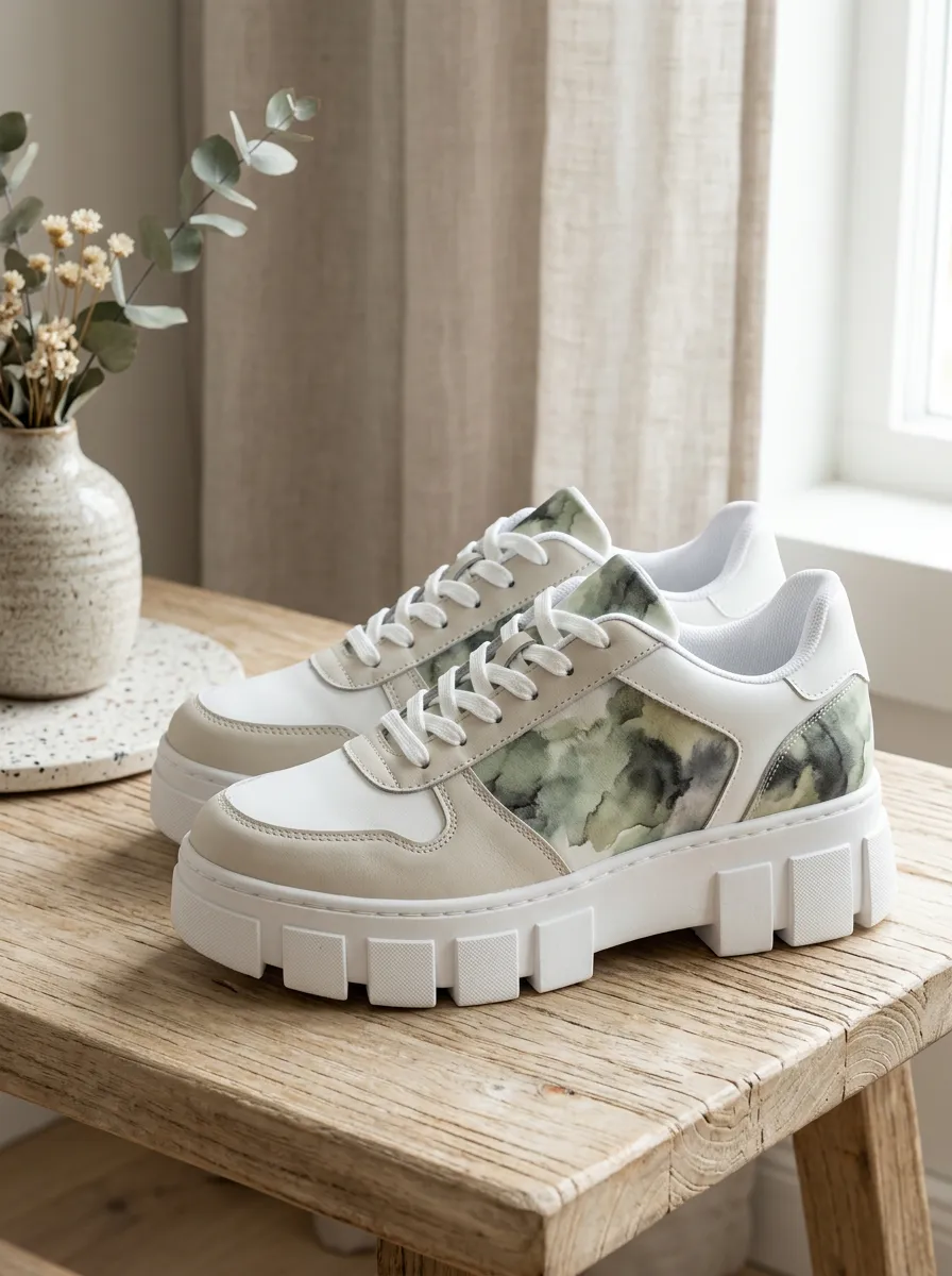 Women's Sage Green Watercolor Abstract Printed Platform Sneakers