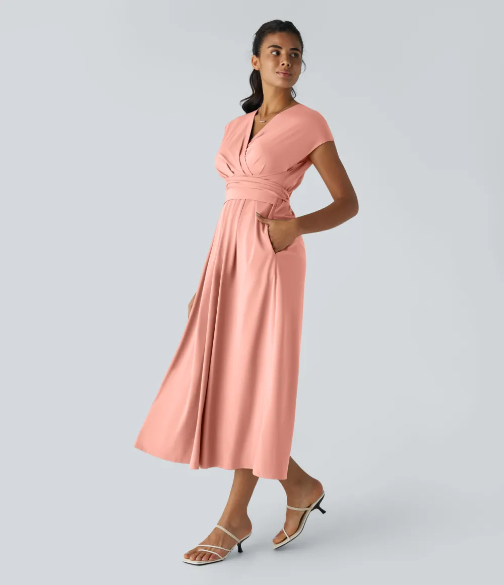 Breezeful V Neck Short Sleeve Side Pocket Tie Back Quick Dry Midi Casual Dress