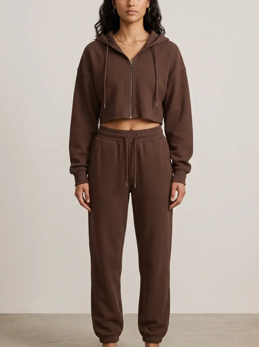 Cropped Zip-Up Waffle-Knit Jogger Women's Cropped Zip-Up Hoodie Jogger Active Set