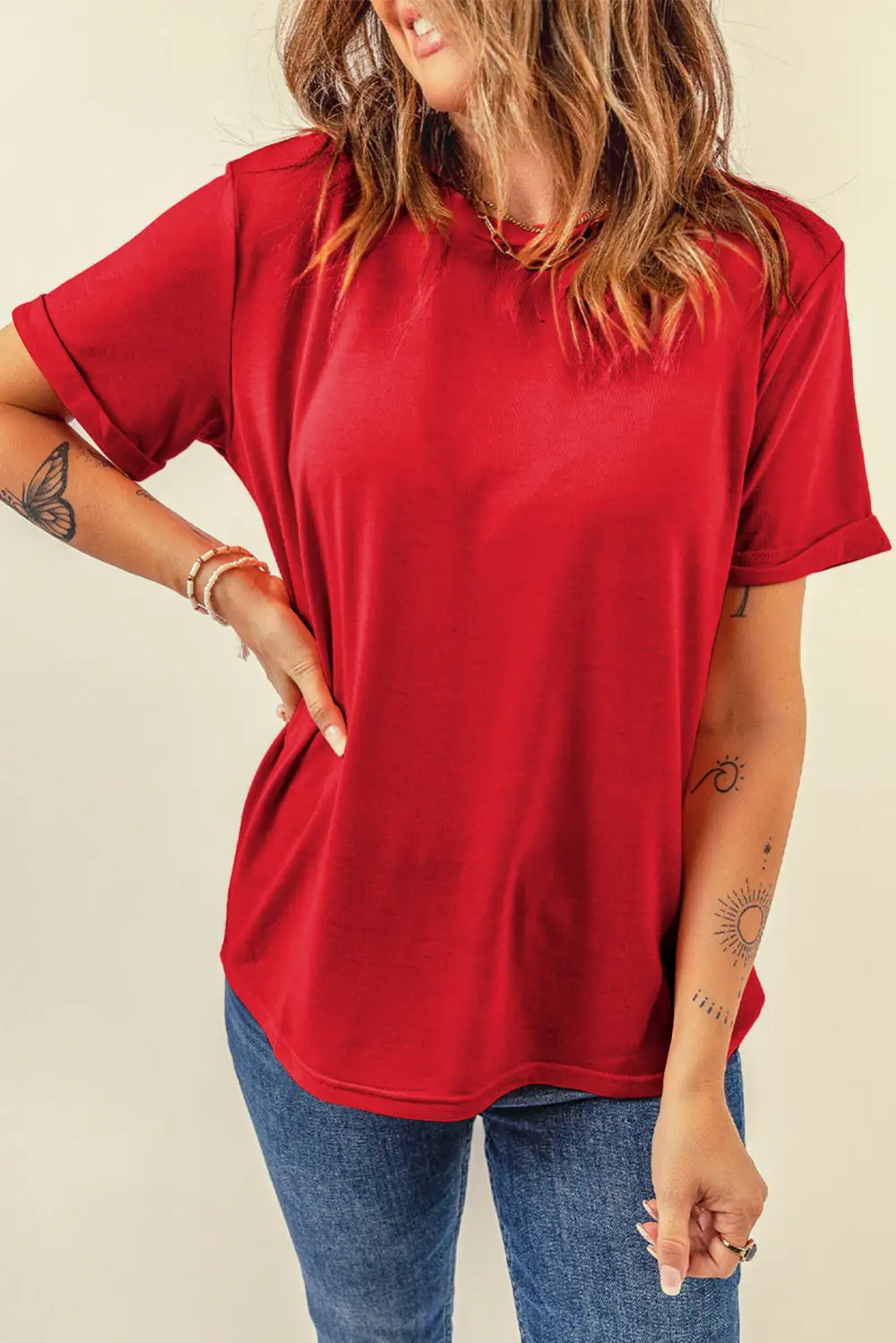 Red Casual Plain Crew Neck