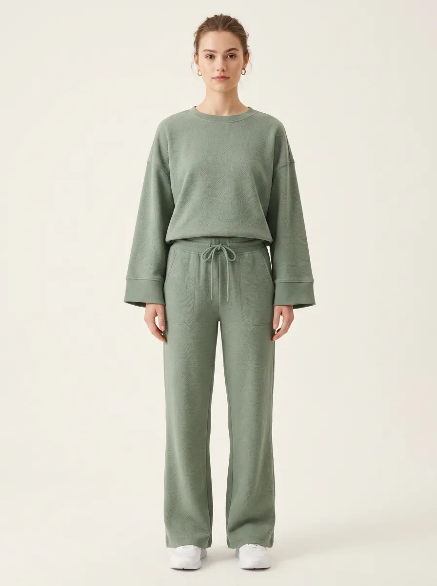 Women's Sage Green Geometric Textured Printed Lounge Set