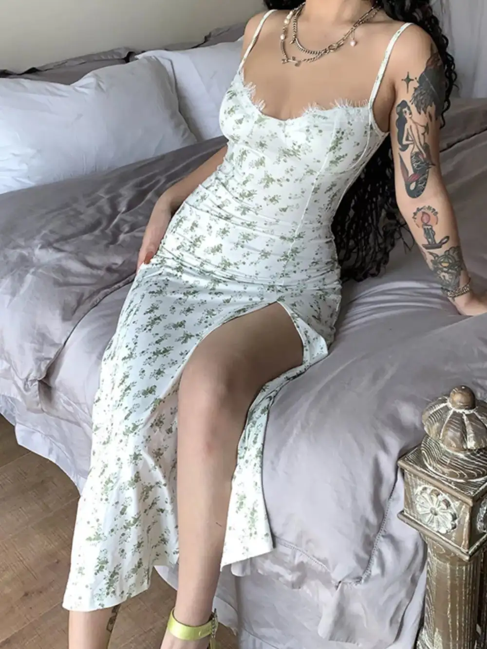 Lace Trim Slit Midi Dress