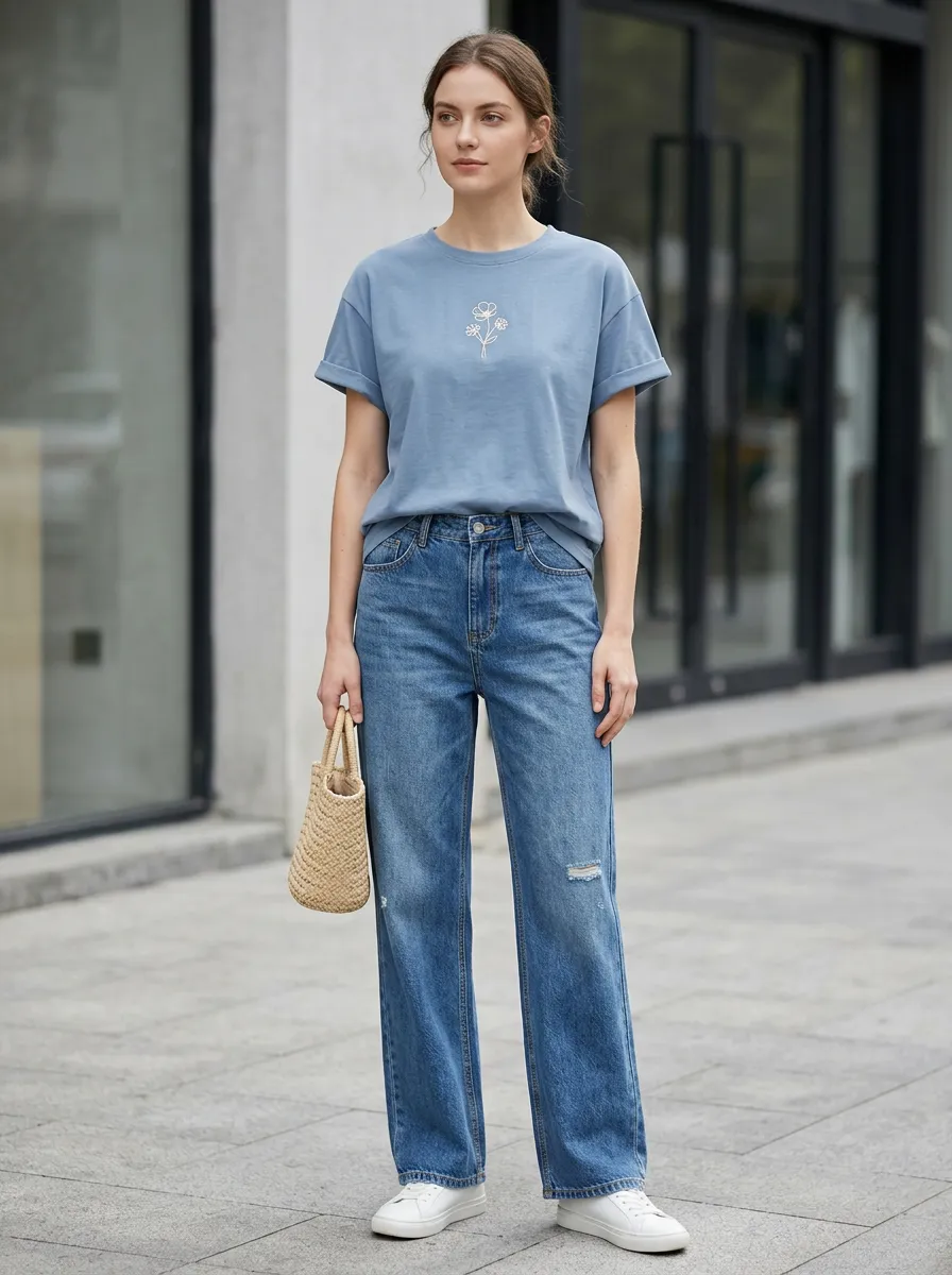 Women's Minimalist Floral Line Art Printed T-shirt and Jeans Set