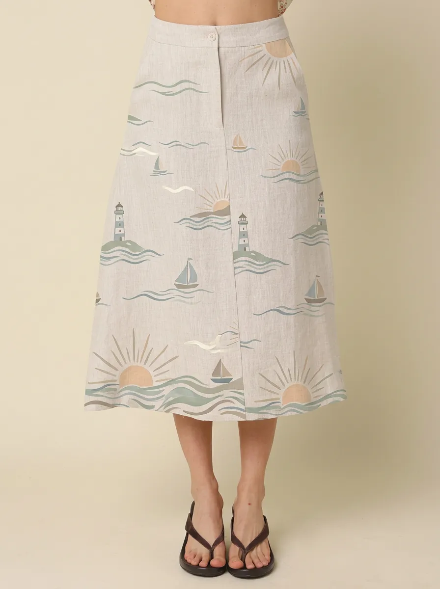 Women's Nautical Lover Lighthouse Sailboat Sun Printed Skirt