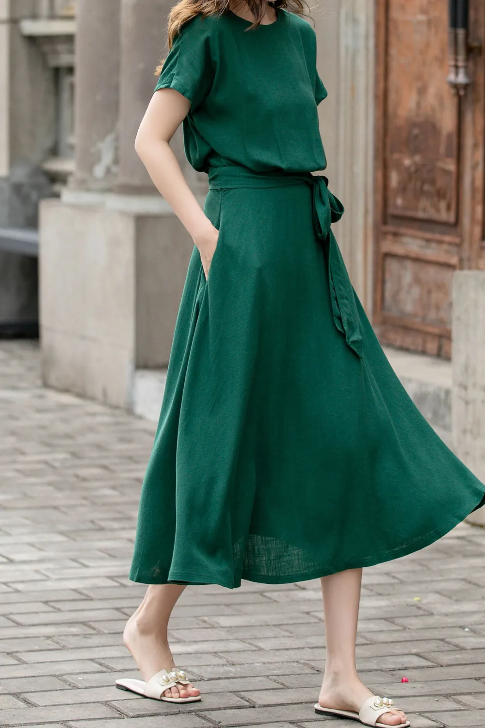 Classic Linen Cotton Fit And Flare Swing Short Sleeve Midi Dress