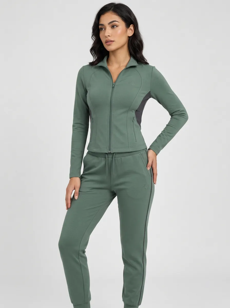Women's Sage Green Contrast Panel Zip-Up Jacket & Jogger Set