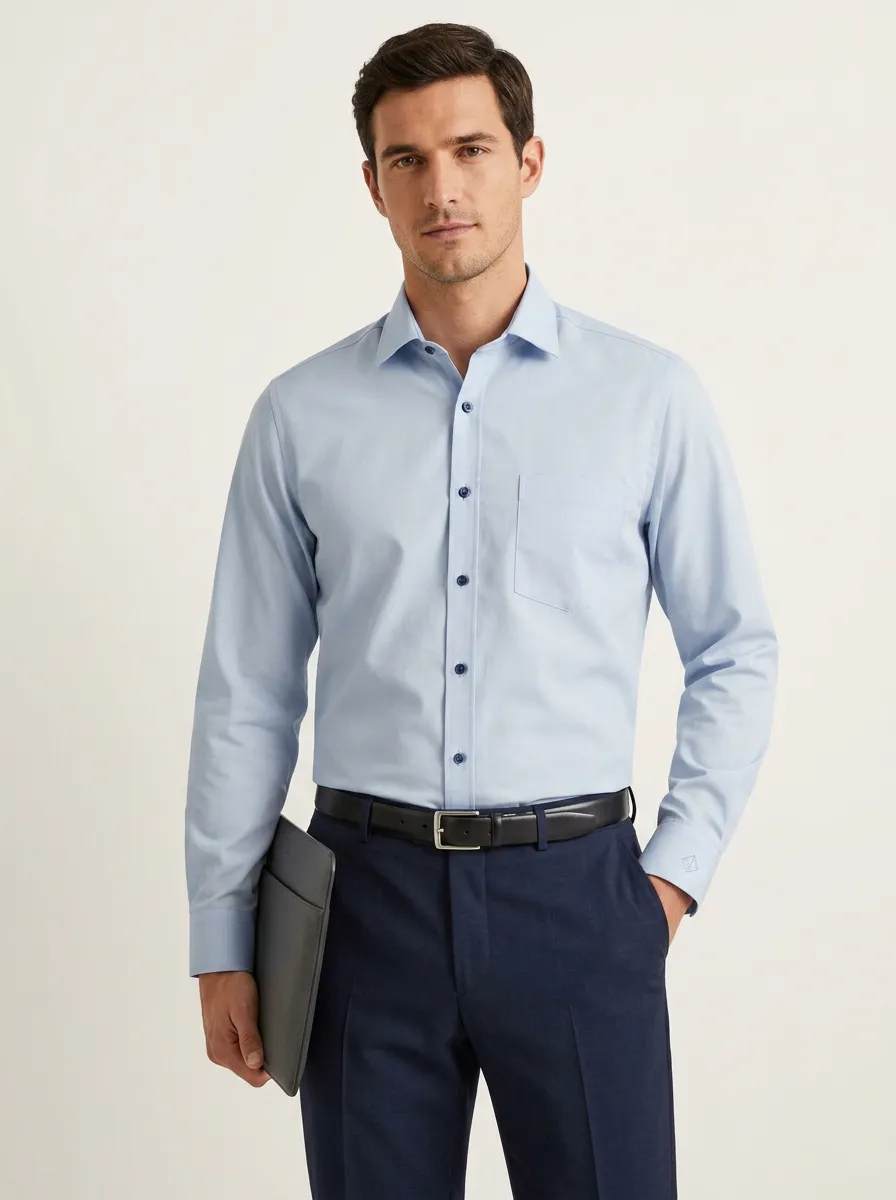 Men's Business Casual Non-Iron Cotton Light Blue Dress Shirt