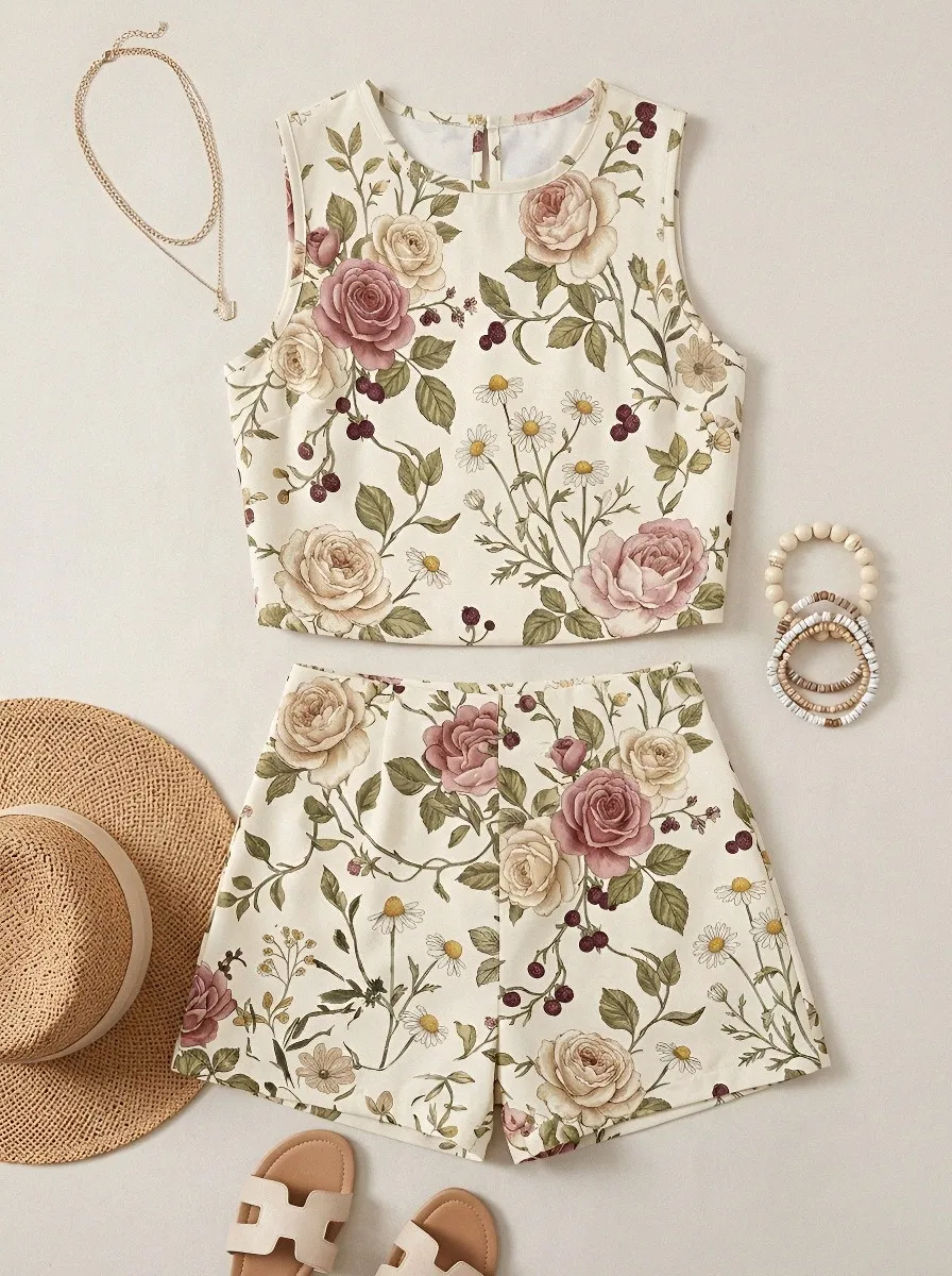 Women's Floral Garden Rose Daisy Printed Sleeveless Set