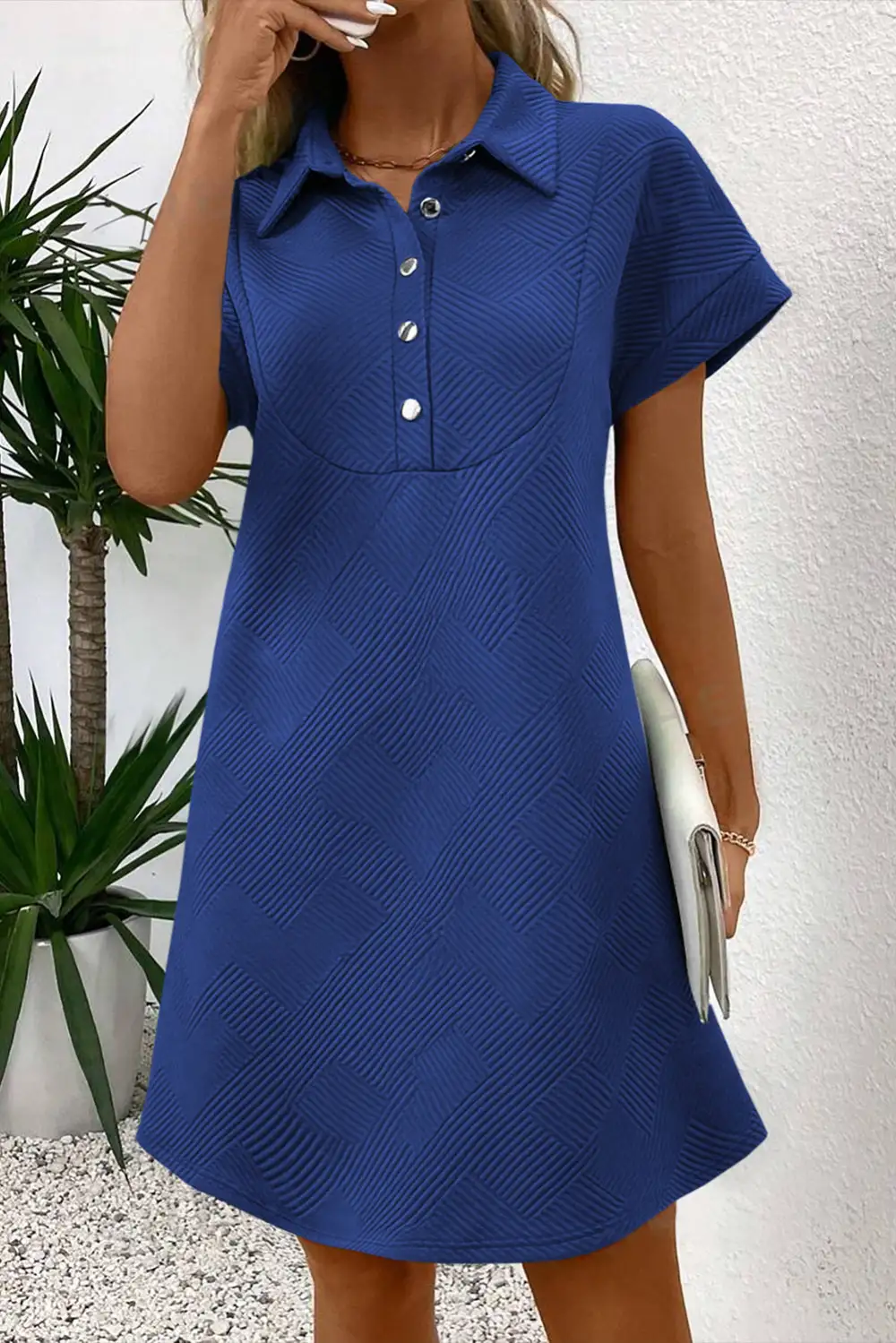 Solid Textured Short Sleeve A-Line Mini Dress