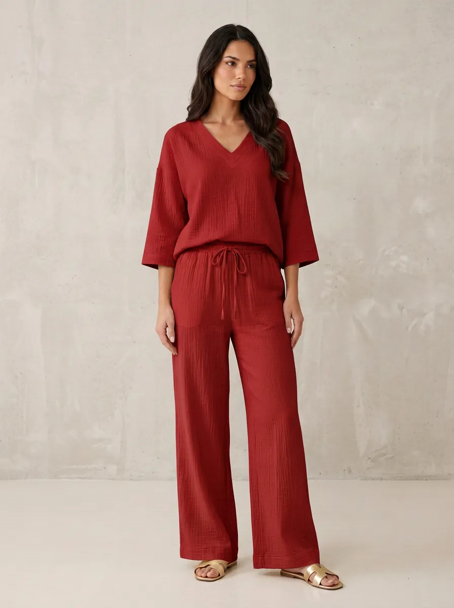 Women's Elbow-Sleeve V-Neck Top And Drawstring Wide-Leg Trouser Lounge Set