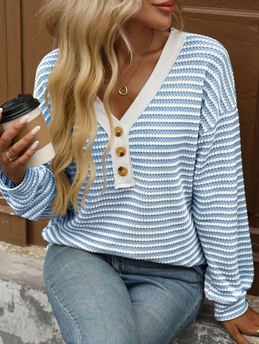 Button Down V Neck Top