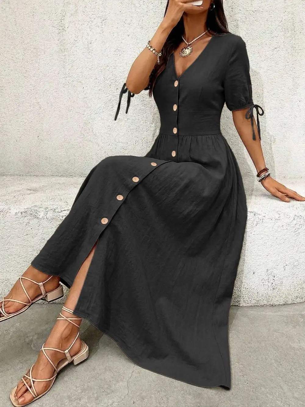 Button Front Short Sleeve Midi Dress