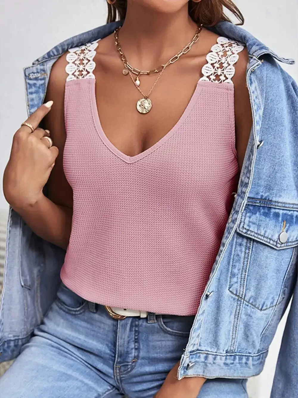 Refined V-Neck Lace-Trim Tank Top