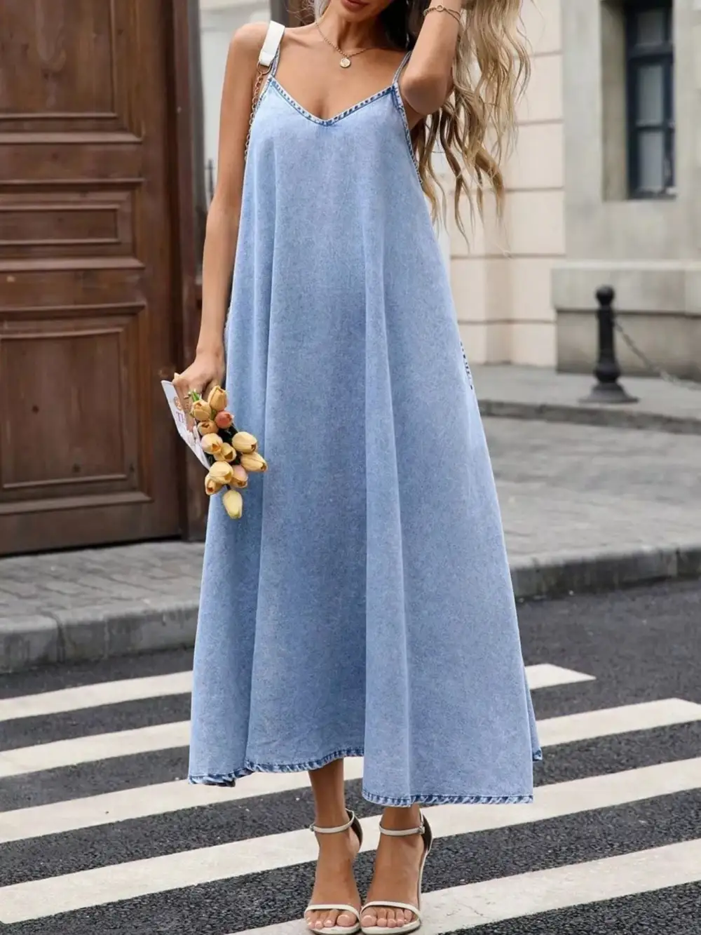 Denim V Neck Dress Casual