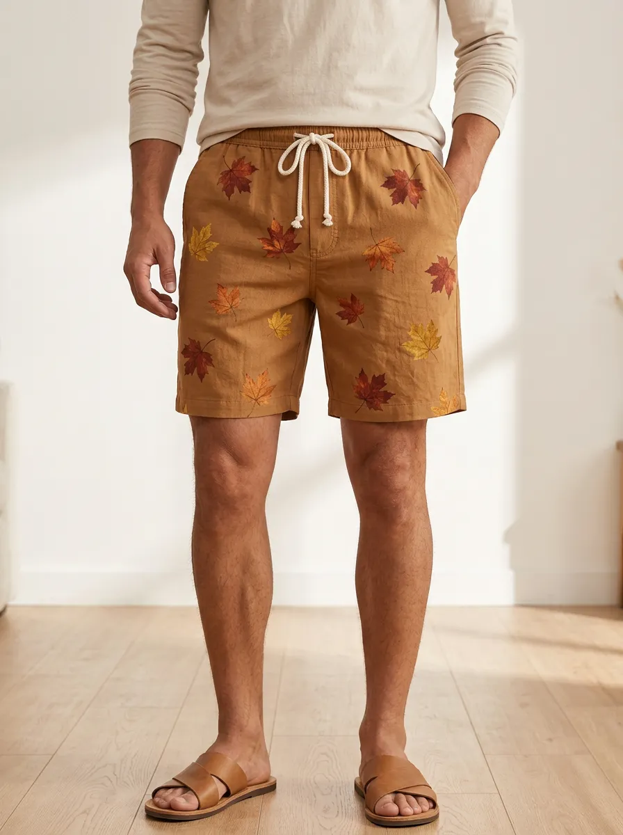 Tan Maple Leaf Print Drawstring Print Shorts