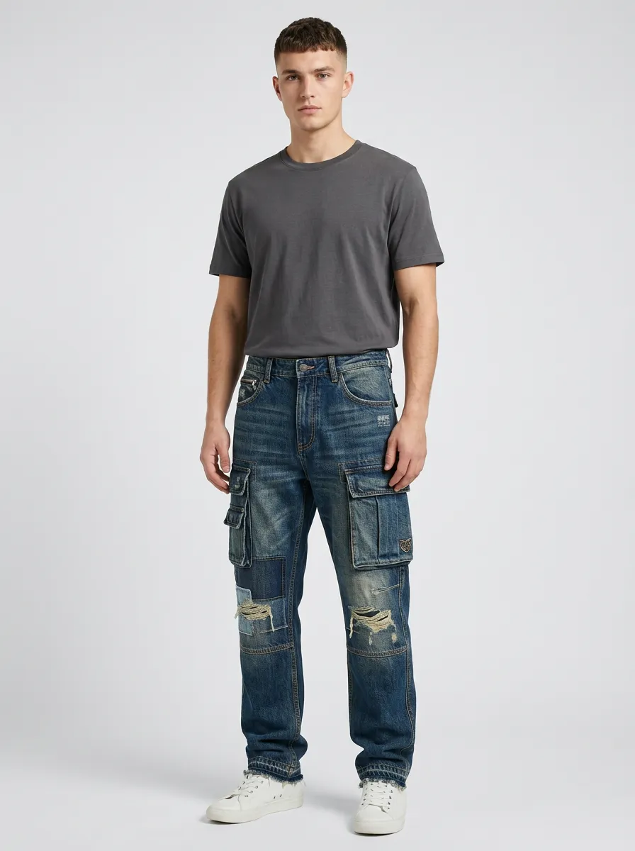 Men's Streetwear Distressed Patchwork Denim Cargo Jeans