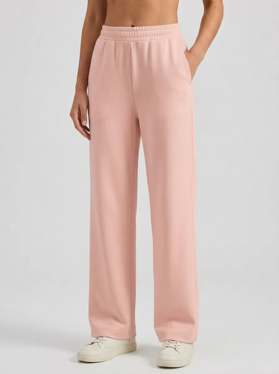 Women's Minimalist Solid Cream Small Flower Embroidered Sweatpants