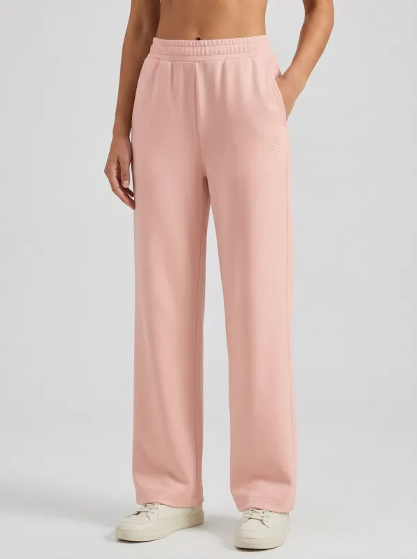 Women's Minimalist Solid Cream Small Flower Embroidered Sweatpants