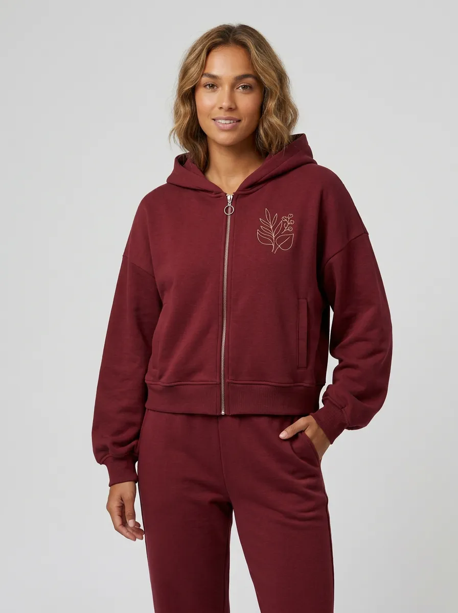 Women's Dusty Rose Floral Embroidered Zip-Up Hoodie Jacket & Straight-Leg Pants Set