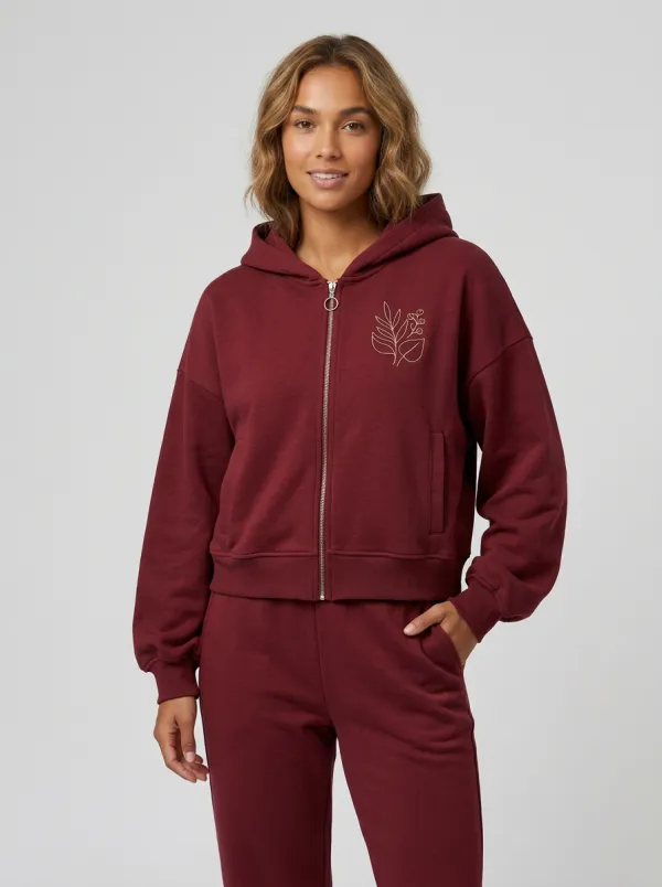 Women's Dusty Rose Floral Embroidered Zip-Up Hoodie Jacket & Straight-Leg Pants Set