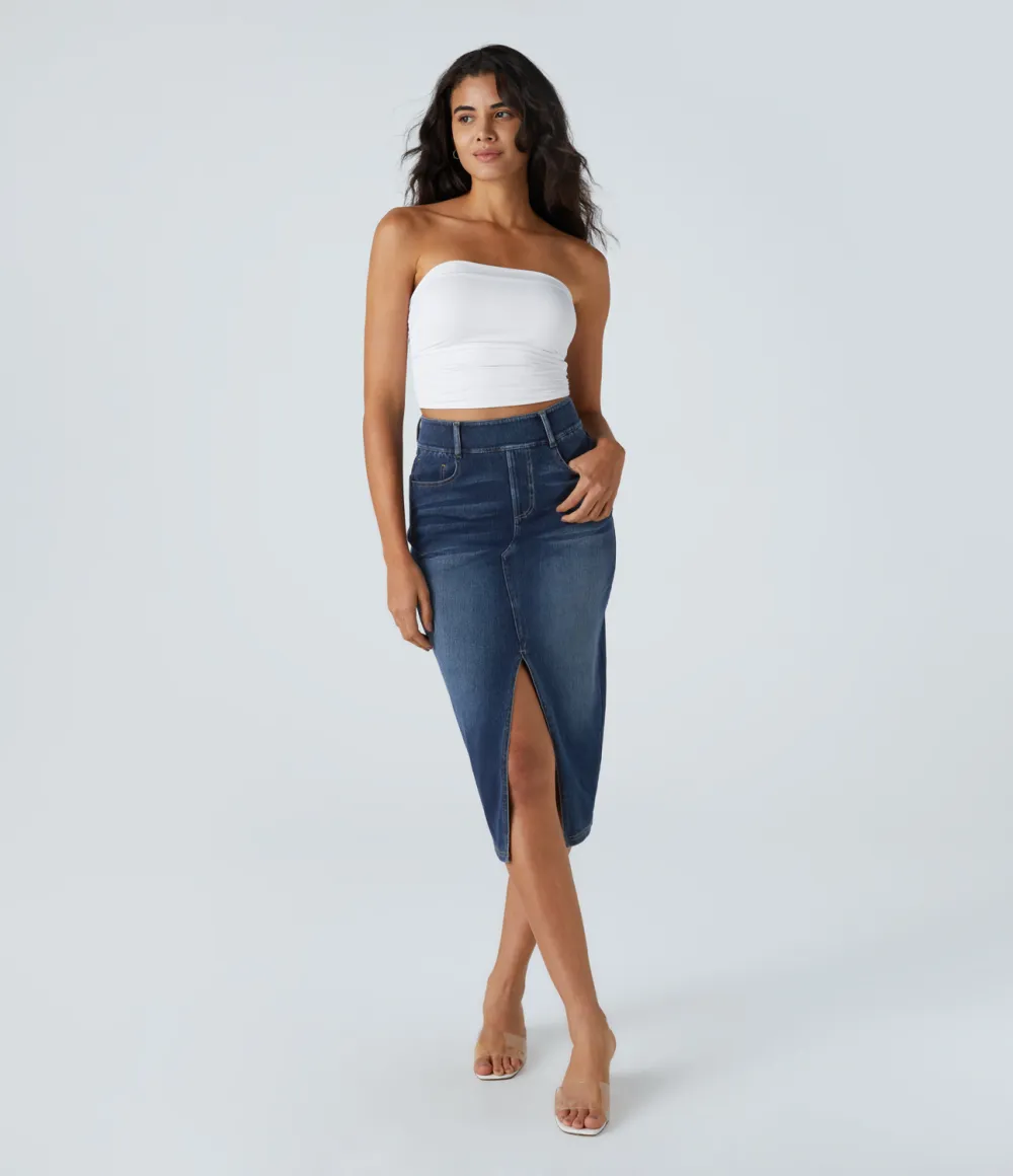 Magic High Waisted Multiple Pockets Bodycon Split Washed Stretchy Knit Denim Casual Midi Skirt