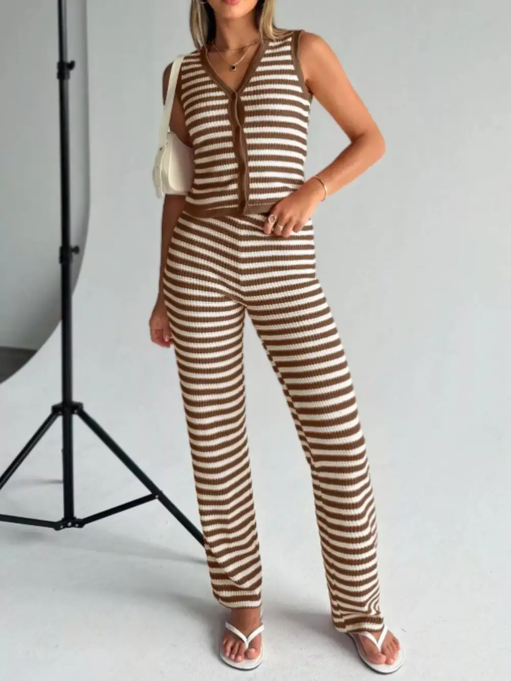 Striped Knit V Neck Button Up Sleeveless Top and Pants