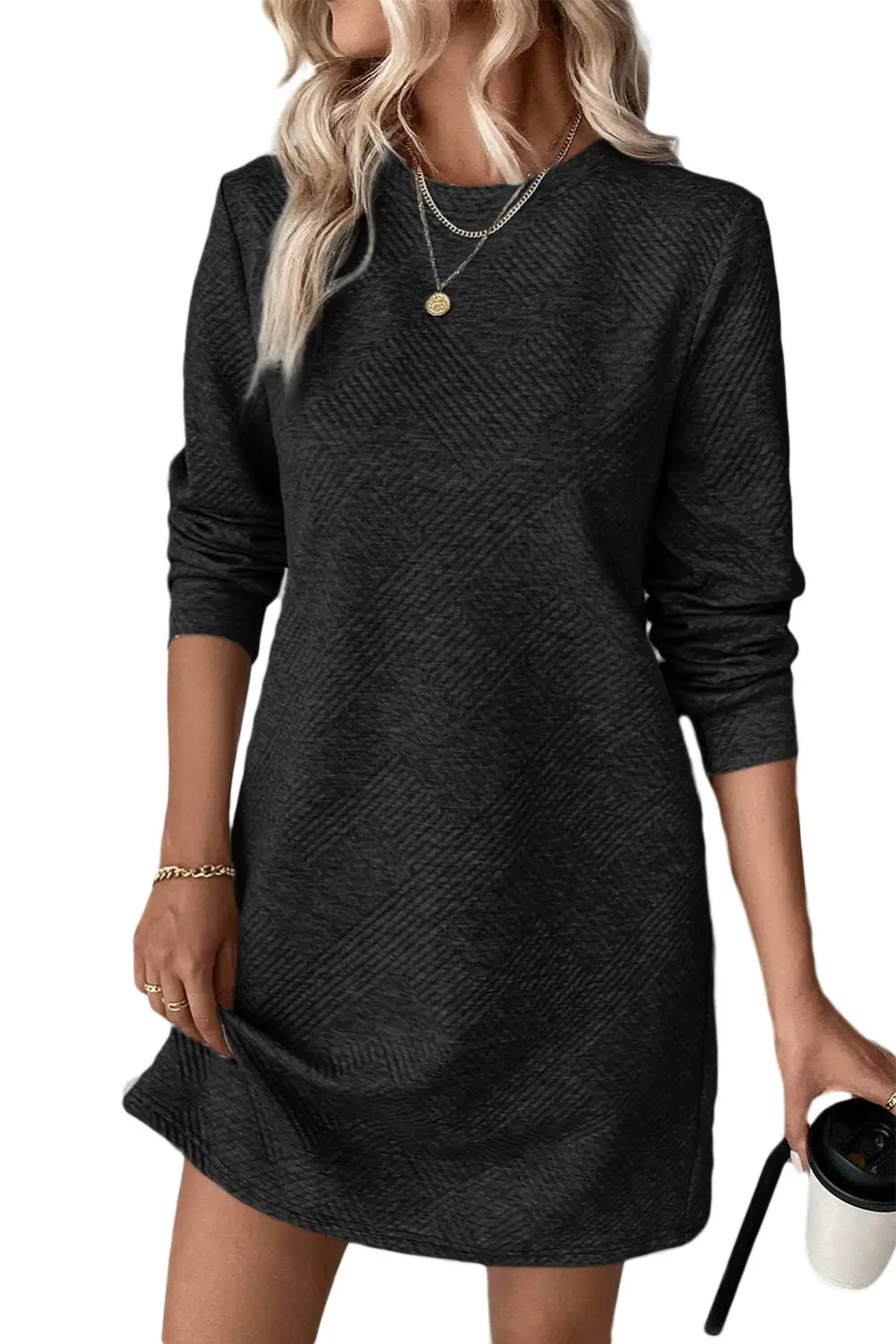 Refined Solid Color Textured Long Sleeve Shift Dress