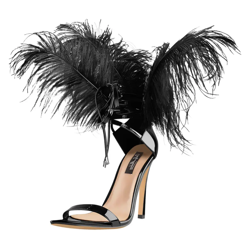 Open Toe Feather Back Lace Up Stiletto Sandals