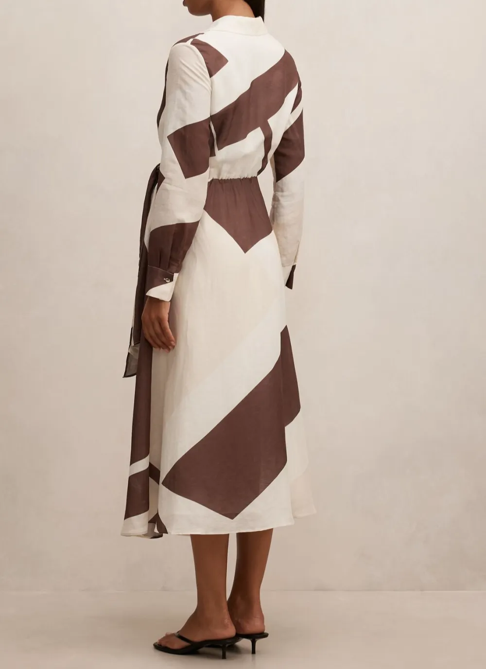 White Brown Abstract Print Long Sleeve Tie Waist Midi Dress