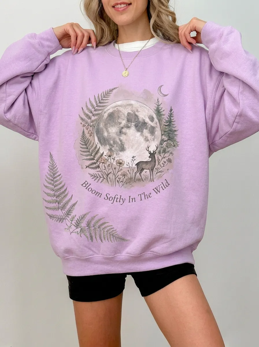 Women's Nature Moon Deer Fern Graphic Sweatshirt